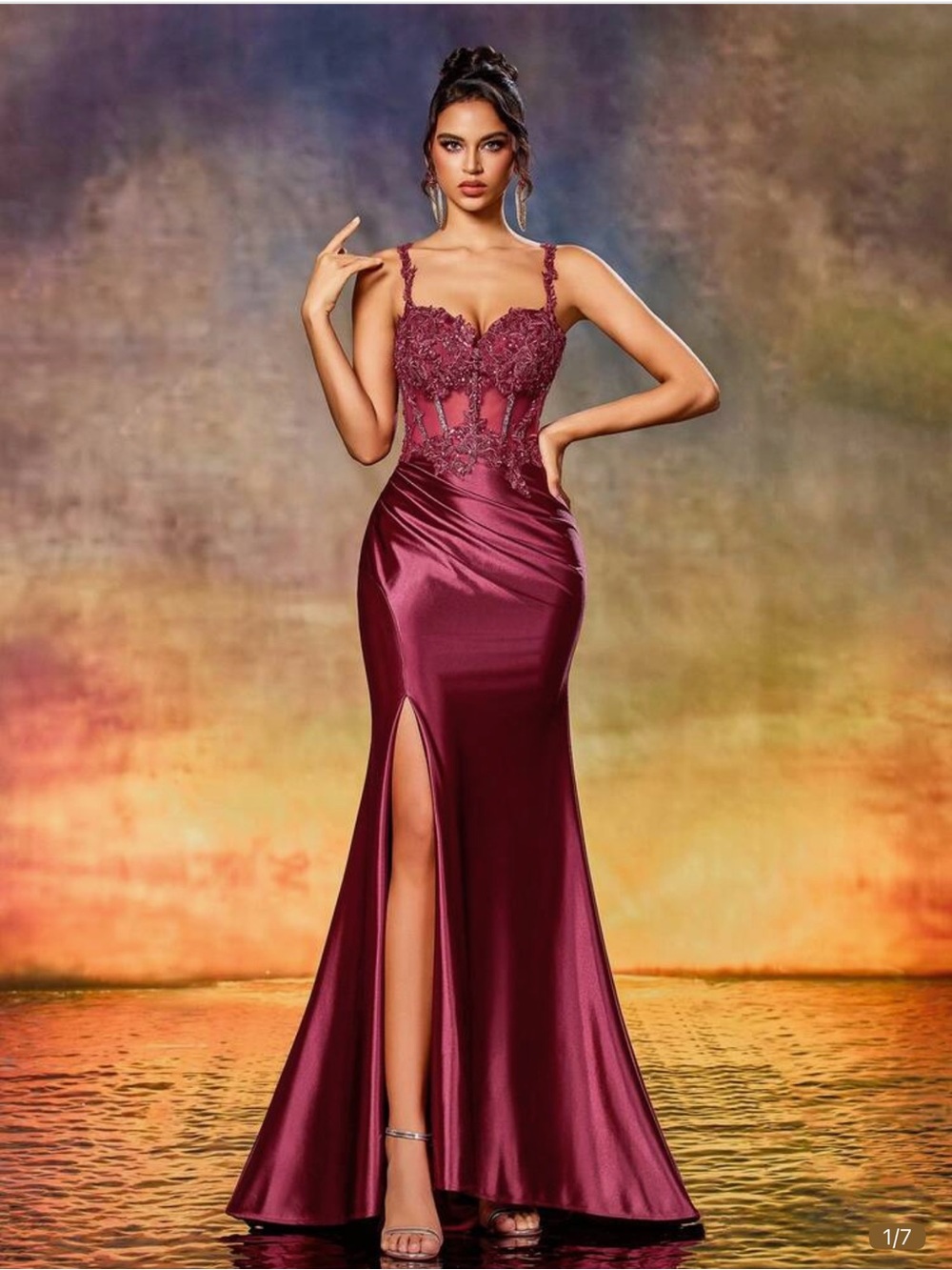 Elegant Burgundy Lace Bodice Satin Evening Dress